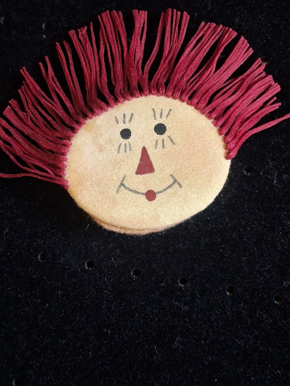 Handmade Rag Doll Face Pin with Red Yarn Hair Raggedy Ann